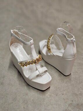 White Platform Wedge Sandals With Gold Chain Accent & Clear Straps By Bella Mari